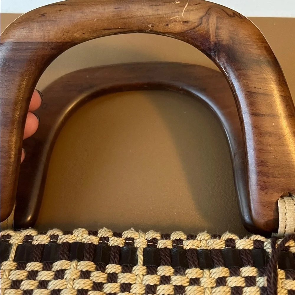 Vintage ‘The Sak’ Woven Handbag in Dark Brown and Tan with Wooden Handles